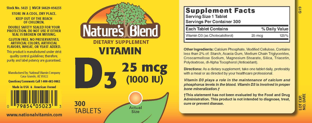 Nature's Blend Vitamin D3 1000 IU 300 Tablets
