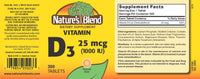 Thumbnail for Nature's Blend Vitamin D3 1000 IU 300 Tablets