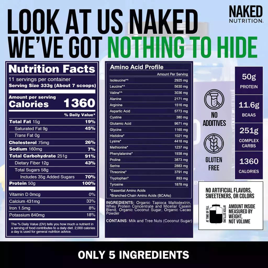 NAKED Chocolate Mass Gainer - All Natural Weight Gainer Protein Powder - 8lb Bulk, GMO Free, Gluten Free & Soy Free. No Artificial Ingredients - 1,360 Calories