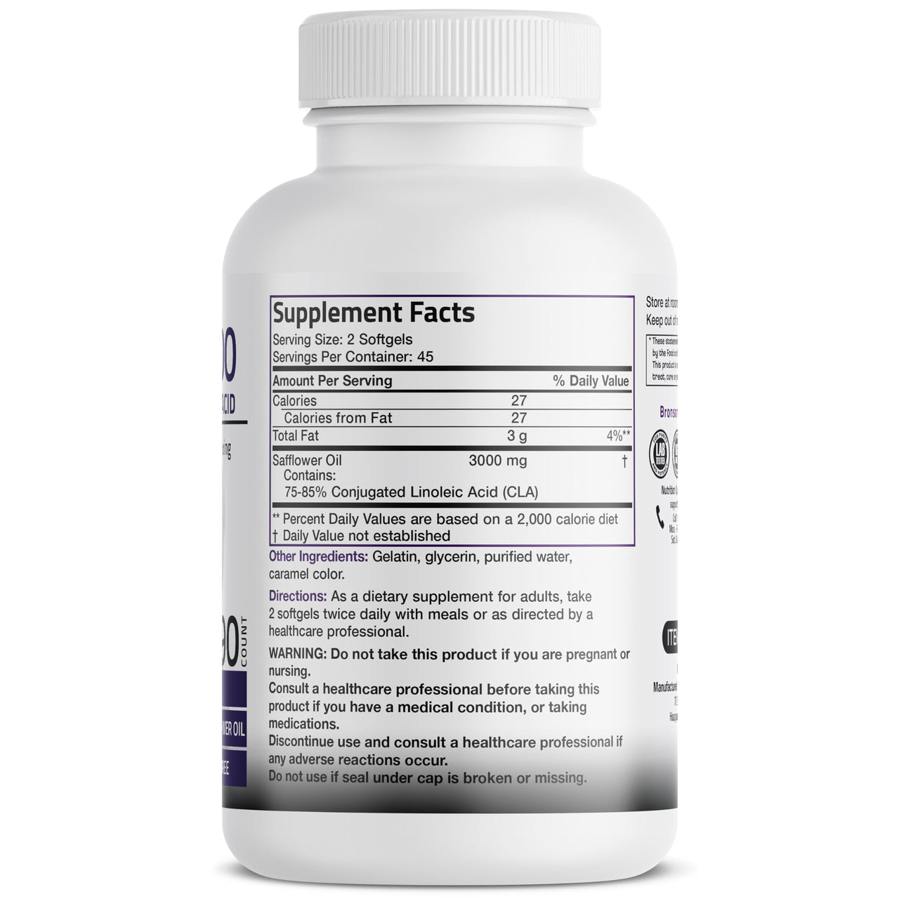 Bronson CLA 3000 Extra High Potency Supports Healthy Weight Management Lean Muscle Mass Non-Stimulating Conjugated Linoleic Acid, 90 Softgels