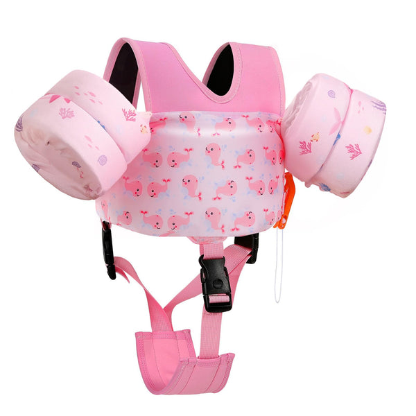 MoKo Swim Arm Floaties 15-30 lbs, Toddler Swim Vest for Kids Cartoon Swimming Water Wings with Crotch Strap, Pool Float Vests Sleeves Shoulder Straps Arm Band for Children, Baby Pink Whale