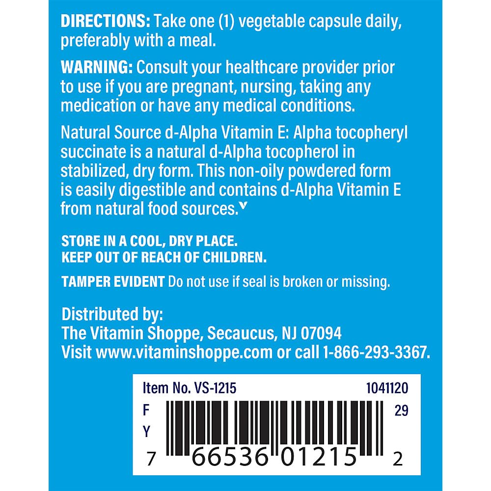 The Vitamin Shoppe Vitamin E 400IU - Antioxidant Support for Skin Health & Immune Function, Daily Vitamin (100 Capsules)