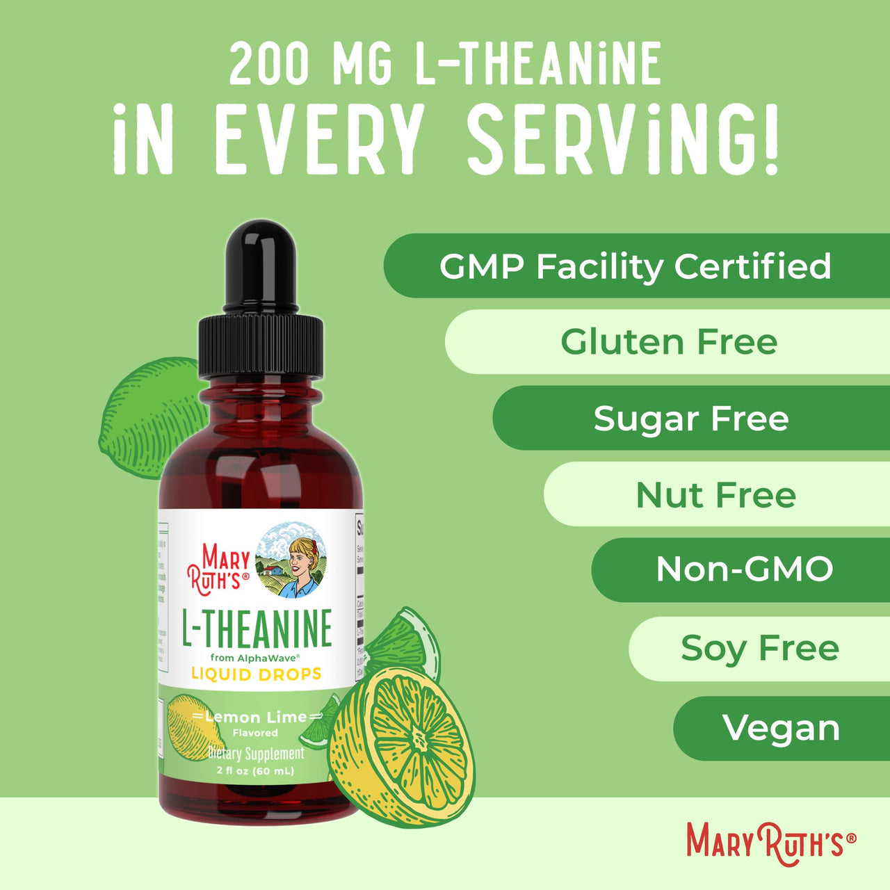 MaryRuth's L Theanine 200mg Liquid Drops | Mood Support for Adults & Kids | Focus Supplement | Natural Sleep Support | Vegan | Non-GMO | Gluten Free | 30 Servings