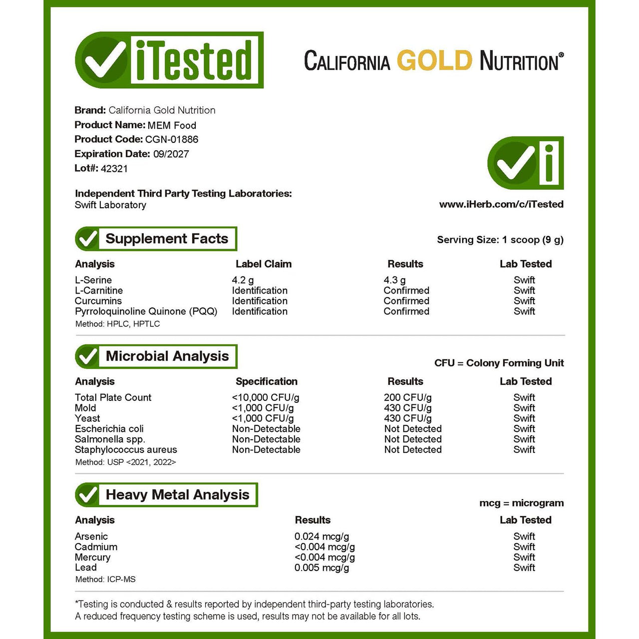 California Gold Nutrition MEM Food, Memory & Cognitive Support, 1.12 lb (510 g)