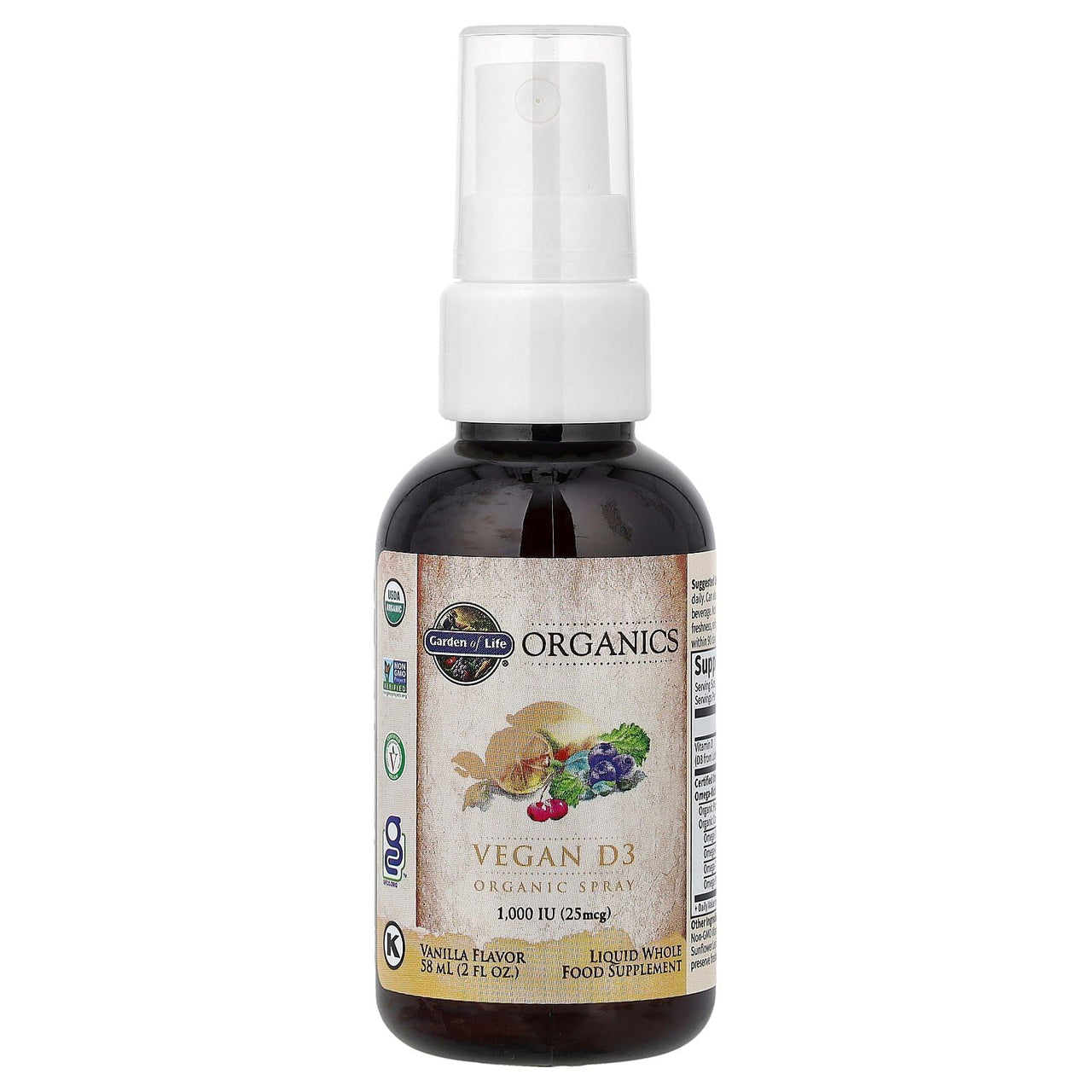 Garden of Life Organics Vegan Vitamin D3 for Women and Men, Liquid 1000 IU Per Spray, D3 Plus Omegas - Vanilla Flavor - 125 Servings - 2fl oz Liquid Whole Food Vitamin Supplement