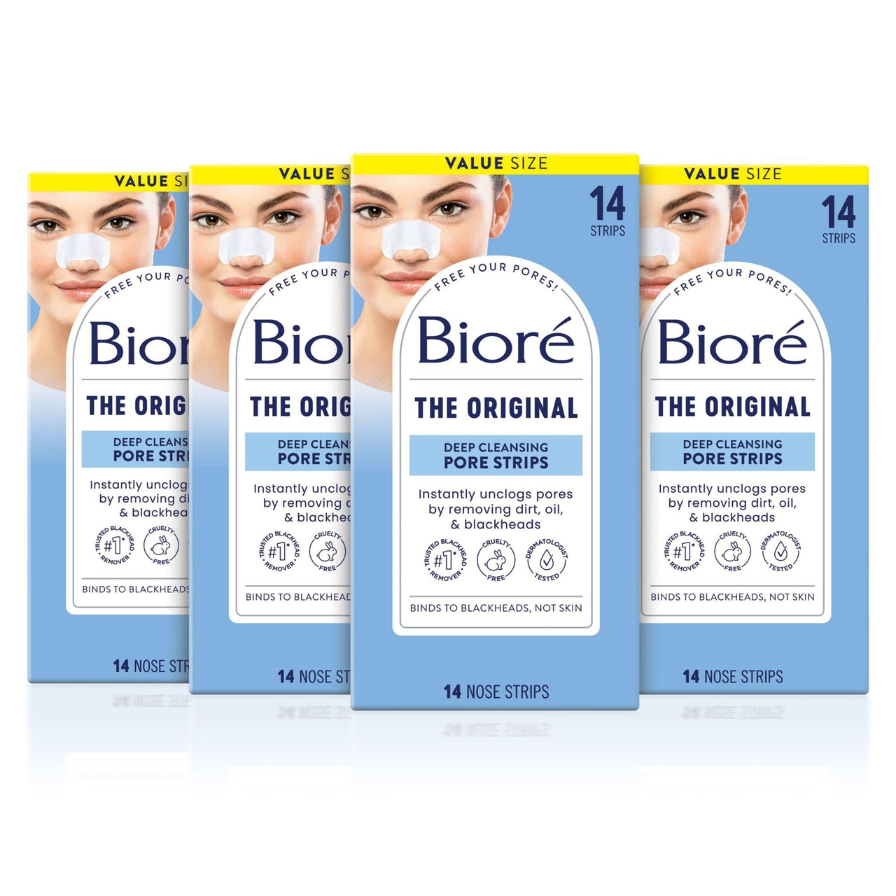 Bioré Original Blackhead Remover Strips, Deep Cleansing Nose Strips With Instant Pore Unclogging, Features C-Bond Technology, Oil-Free, Non-Comedogenic Use, 14 Count, Pack of 4
