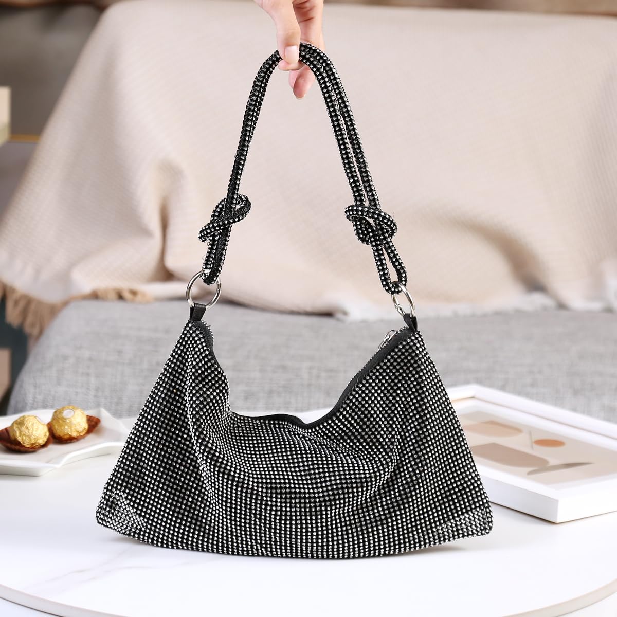 Covelin Womens Fashion Shiny Diamond Handbag Tote Shoulder Evening Bag Black