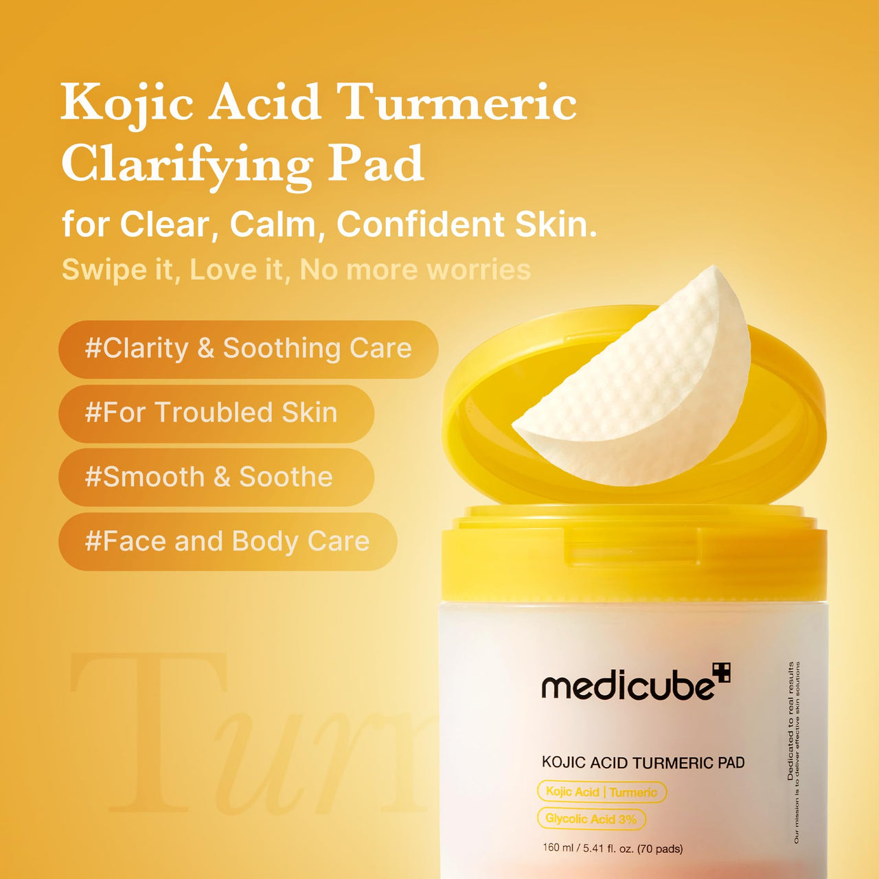 medicube Kojic Acid Turmeric Clarifying Toner Pad for Troubled Skin & Use After Spot Care, Soothing & Calming with Kojic Acid, Turmeric, Niacinamide & Glycolic Acid, Korean Skin Care, 70 Pads, 1 Pack
