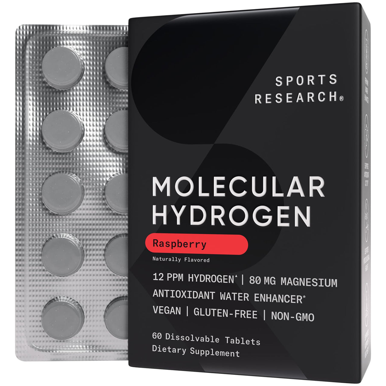 Sports Research® Molecular Hydrogen Water Tablets - Fast Dissolve H2 Tablets with Magnesium - Hydrogen Water - Antioxidant Water Enhancer with Magnesium* - Raspberry Flavor, 60 Servings