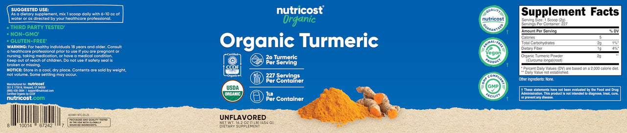 Nutricost Organic Turmeric Root Powder 1 LB (16oz) - Certified USDA Organic, Food Grade, Gluten Free, Non-GMO