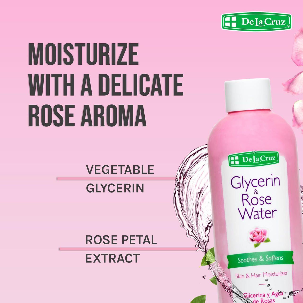 De La Cruz Rose Water and Glycerin for Face - Rosewater Facial Toner and Moisturizer for Skin and Hair 8 fl oz (236 mL)