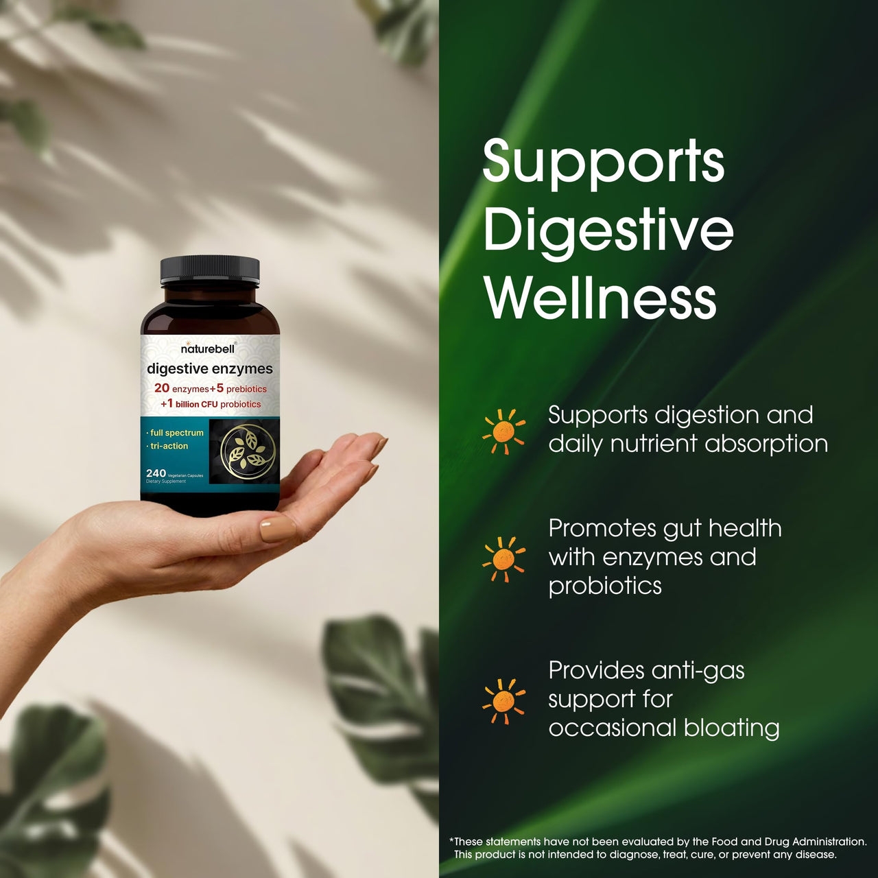 NatureBell Digestive Enzymes - 240 Capsules - Gut & Digestive Health Support Supplement* - with 20 Enzymes, 5 Prebiotics & 10-Strand Probiotic Blend
