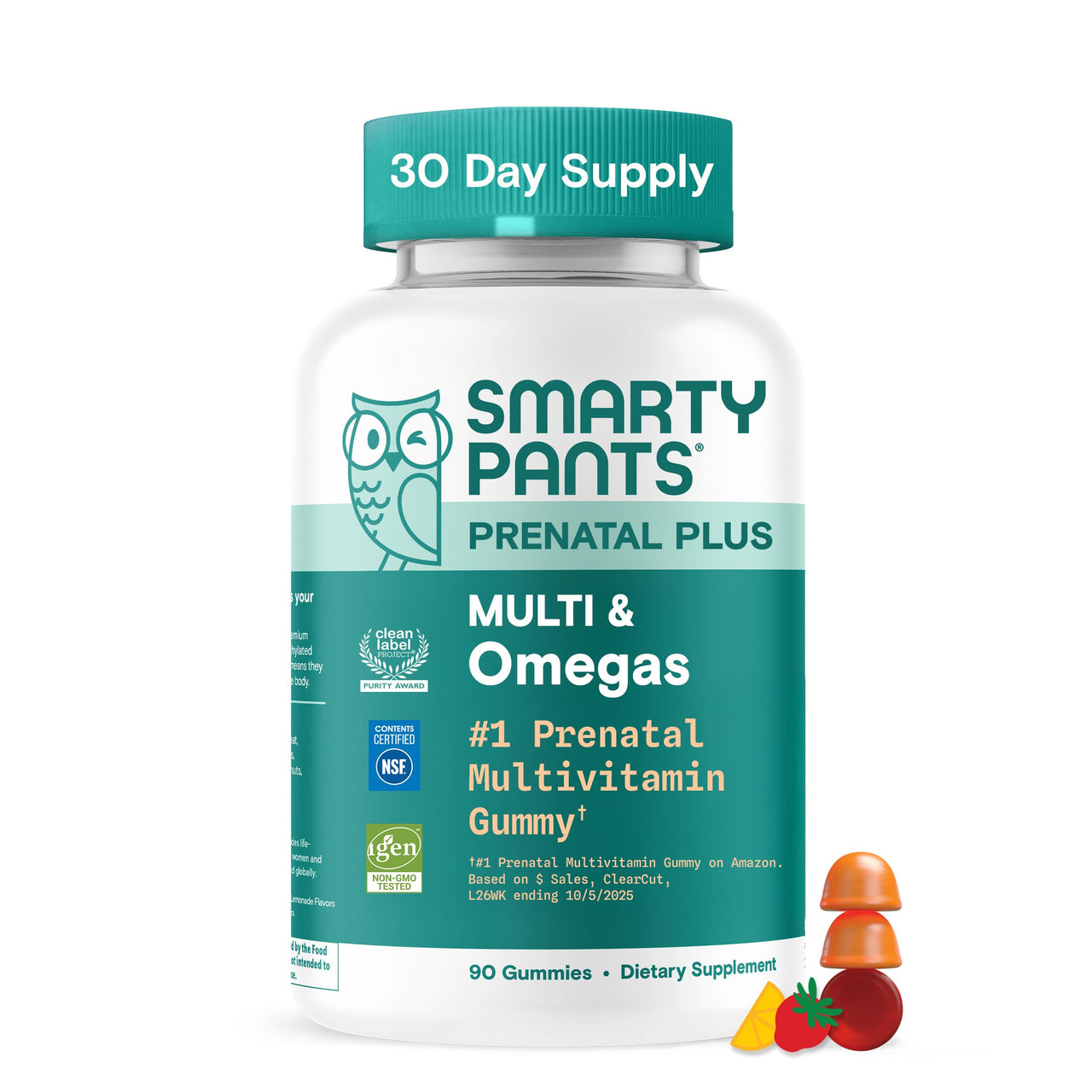 SmartyPants Prenatal Multivitamin Gummies, Omega 3 (DHA/EPA), Methylfolate, Biotin, Vitamin D3, C, Vitamin B12, B6, Vitamin A, K & Zinc, Gluten Free, 90 Count (30 Day Supply)