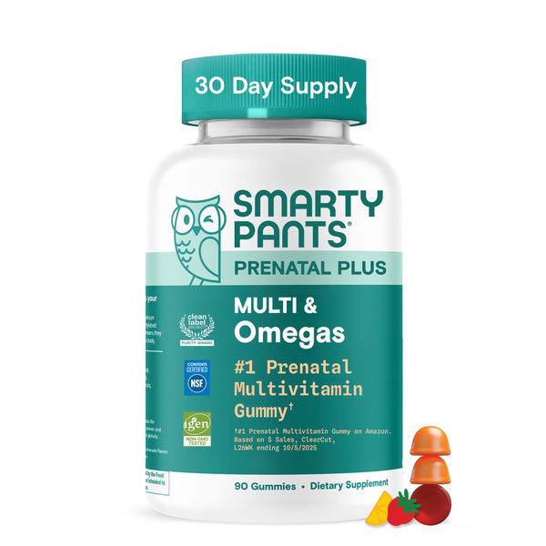 SmartyPants Prenatal Multivitamin Gummies, Omega 3 (DHA/EPA), Methylfolate, Biotin, Vitamin D3, C, Vitamin B12, B6, Vitamin A, K & Zinc, Gluten Free, 90 Count (30 Day Supply)
