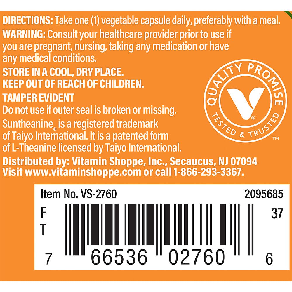 The Vitamin Shoppe L-Theanine 200MG - Calm Focus, Stress Support & Relaxation, Amino Acid from Green Tea (60 Capsules)