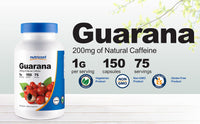 Thumbnail for Nutricost Guarana 1000mg Serving, 150 Vegetarian Capsules - Natural Herbal Brazilian Caffeine Energizer Supplement