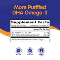 Thumbnail for OmegaVia DHA 600 mg, Ultra Pure Omega-3 DHA Supplements for Brain and Eyes, Pregnancy and Prenatal DHA Vitamins for Women, Burpless Fish Oil Omega 3 Supplement, IFOS 5-Star Tested - 120 Softgels