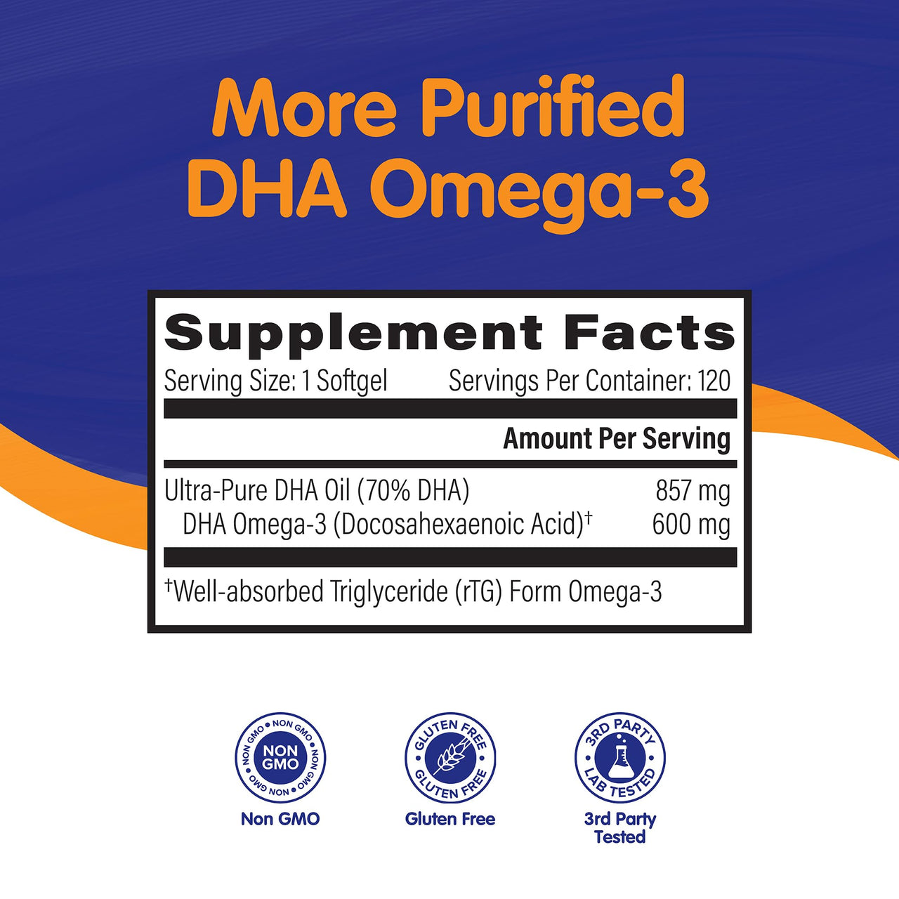 OmegaVia DHA 600 mg, Ultra Pure Omega-3 DHA Supplements for Brain and Eyes, DHA Prenatal Vitamins for Women, Burpless Fish Oil Omega 3, IFOS Tested, 120 Softgels