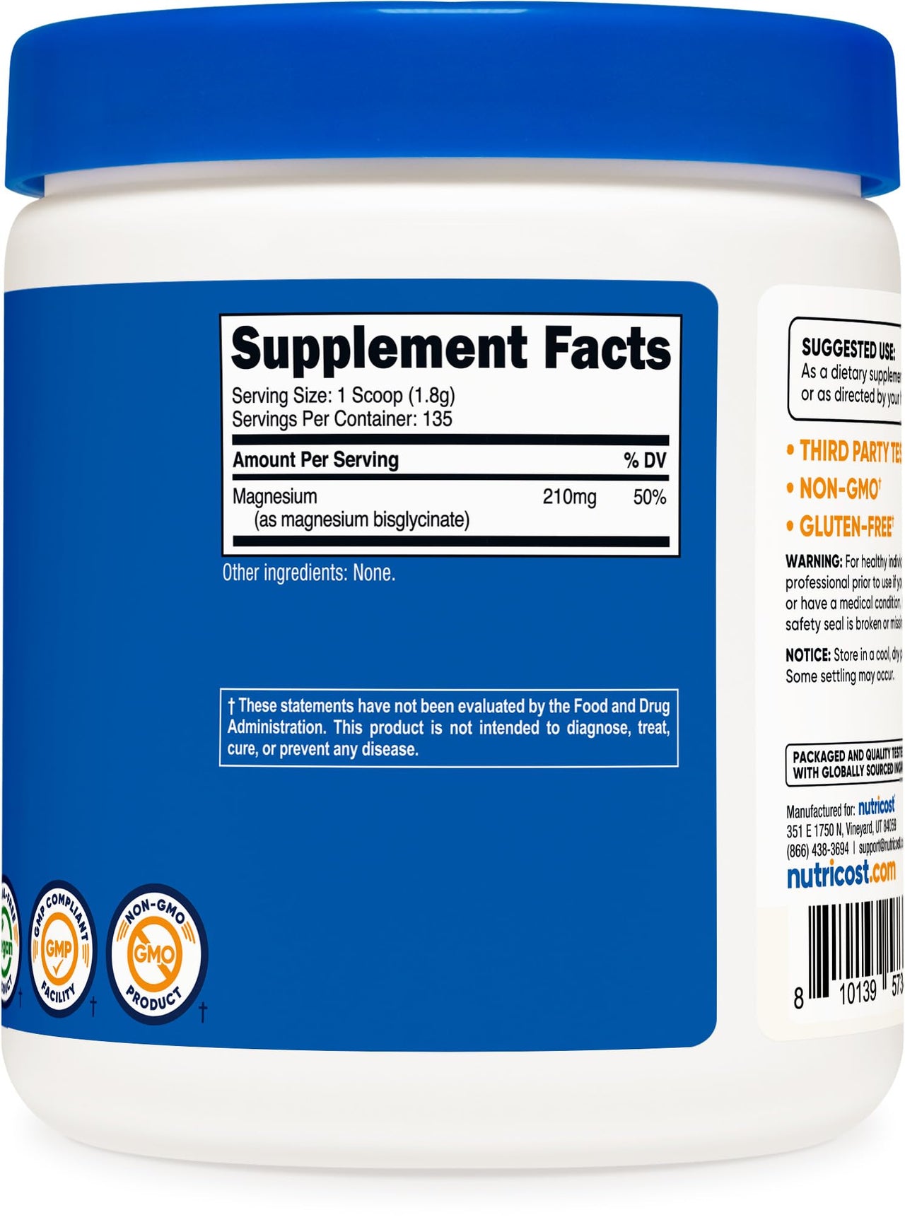 Nutricost Magnesium Bisglycinate Powder (Unflavored, 250 Grams) - Non-GMO, Vegan Supplement
