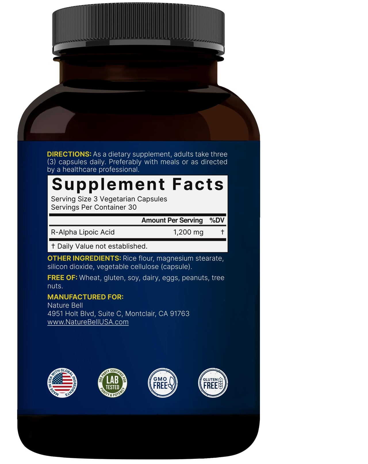 NatureBell R-Alpha Lipoic Acid - 90 Capsules - Delivers 1,200mg R-ALA Per Serving - Antioxidant & Cellular Energy Support* - Stabilized R-Isomer ALA - Non-GMO & Gluten-Free