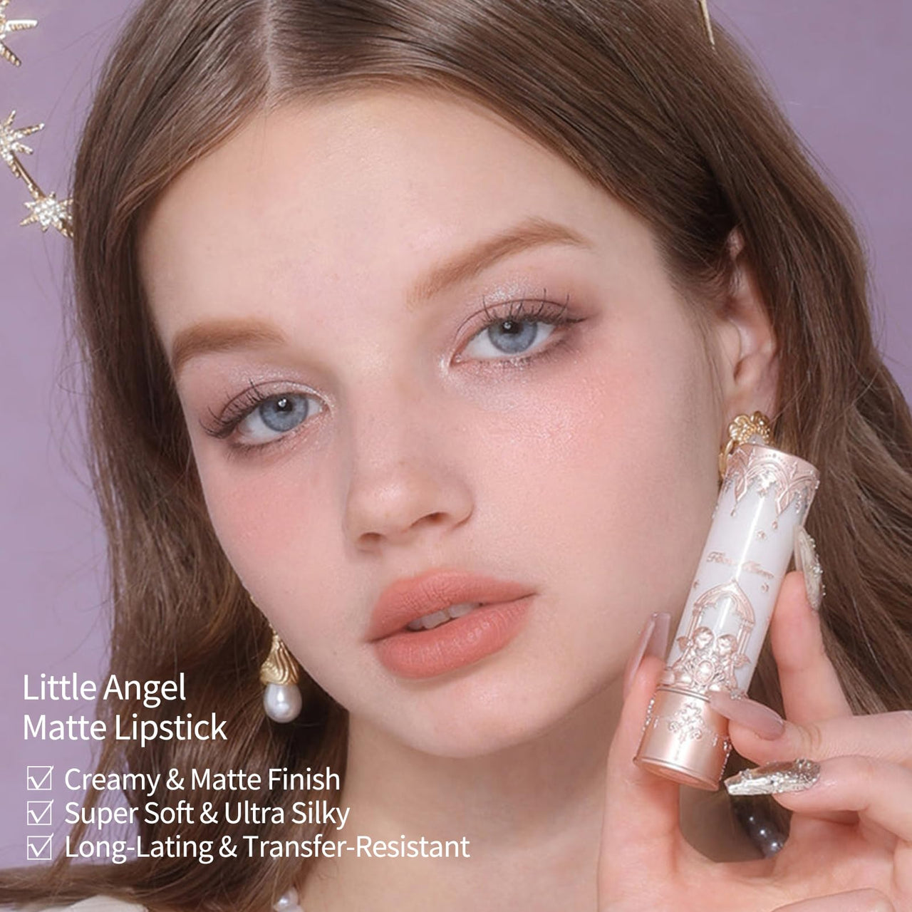 Flower Knows Little Angel Matte Lipstick,Super Soft & Ultra Silky Lip Mud Stick,Long Lasting & Moisturizing Vegan Lip Makeup for Girls&Women,Velvety Nude Peachy Finish(C01 Starry Cross)