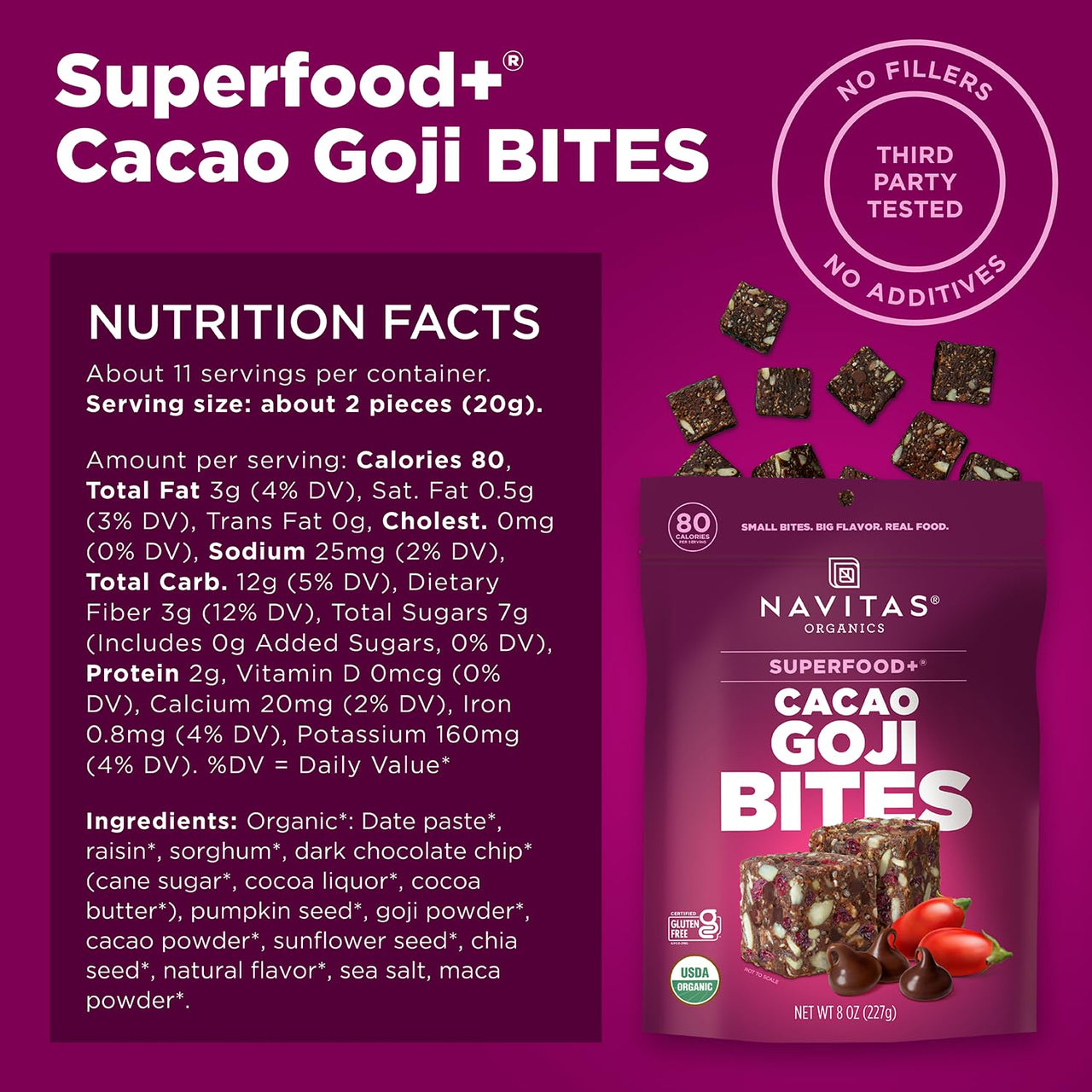 Navitas Organics Cacao Goji Superfood+ BITES – Power Snacks – All Natural Plant Based – Clean Energy & Nutrition – USDA Organic, Non GMO, Gluten Free, Soy Free, Kosher, Vegan (8oz. Bag 11 Servings)