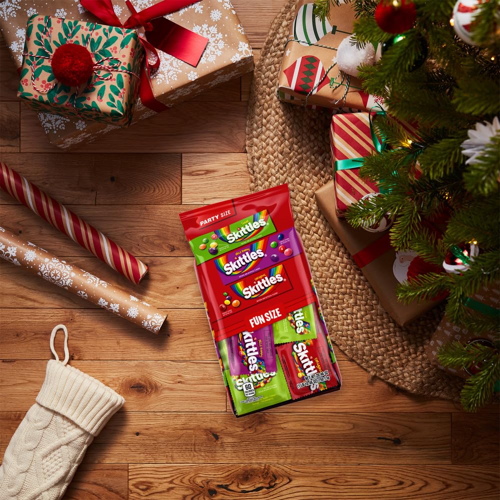 Wrigley's Skittles Fun Size Original, Wild Berry, and Sour Chewy Individually Wrapped Stocking Stuffers Christmas Candy Variety Pack, 26.46 Oz Bulk Bag