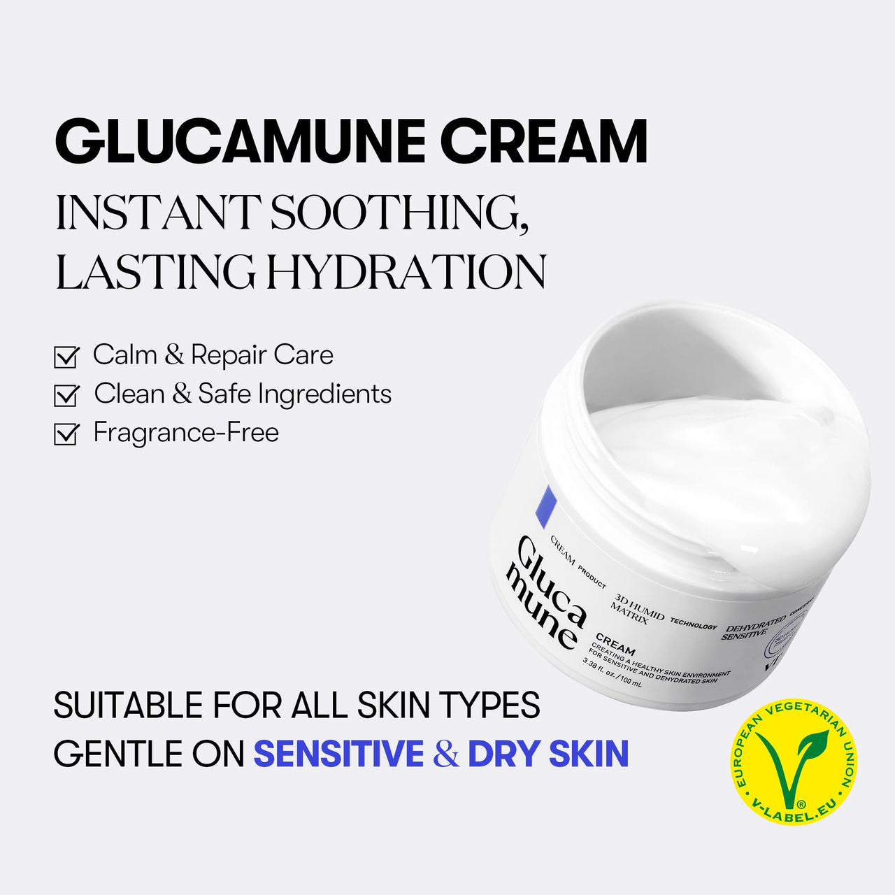 VT COSMETICS Glucamune Cream, Hydrating Vegan Moisturizer for Face, Hypoallergenic, Fragrance-Free, for Dry & Sensitive Skin, Beta-Glucan, Glucosamine, Glass Skin Glow, Korean Skincare (3.38 fl Oz)