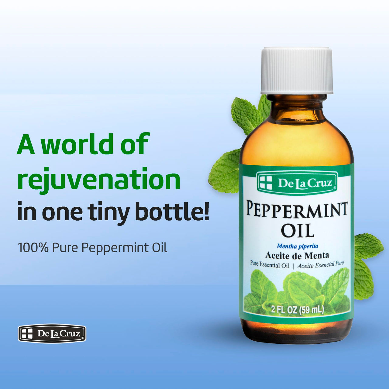 De La Cruz Peppermint Essential Oil - 100% Peppermint Oil for Aromatherapy - Steam Distilled - 2 Fl OZ