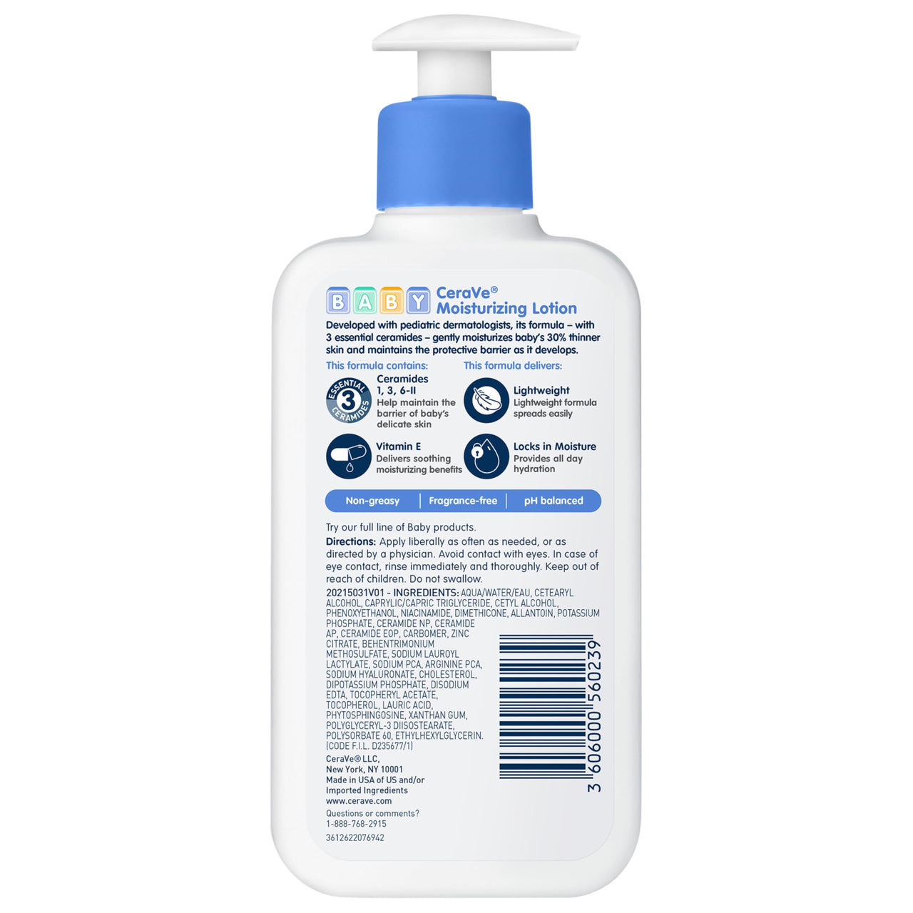 CeraVe Baby Lotion, Gentle Baby Skin Care with Ceramides, Niacinamide & Vitamin E, Fragrance, Paraben, Dye & Phthalates Free, Lightweight Moisturizer, 8 Ounce, Packaging May Vary