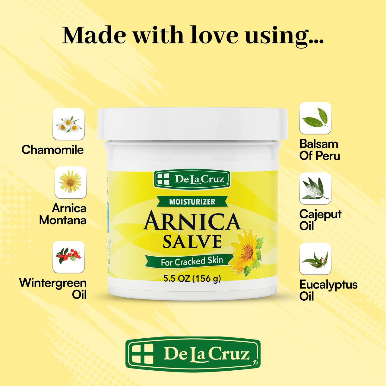 De La Cruz Arnica Salve Foot Care Cream for Dry Cracked Heels & Feet, Skin Care, Hand Salve, 24 Hour Moisture Balm, JUMBO 5.5 OZ
