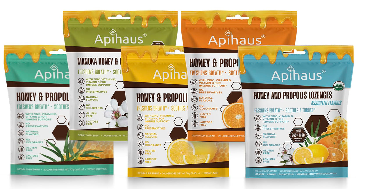 Apihaus Honey and Propolis Lozenges with Eucalyptus, Freshens Breath - Soothes a Throat- Immune Support with Vitamin C, Vitamin D and Zinc, 20 Count