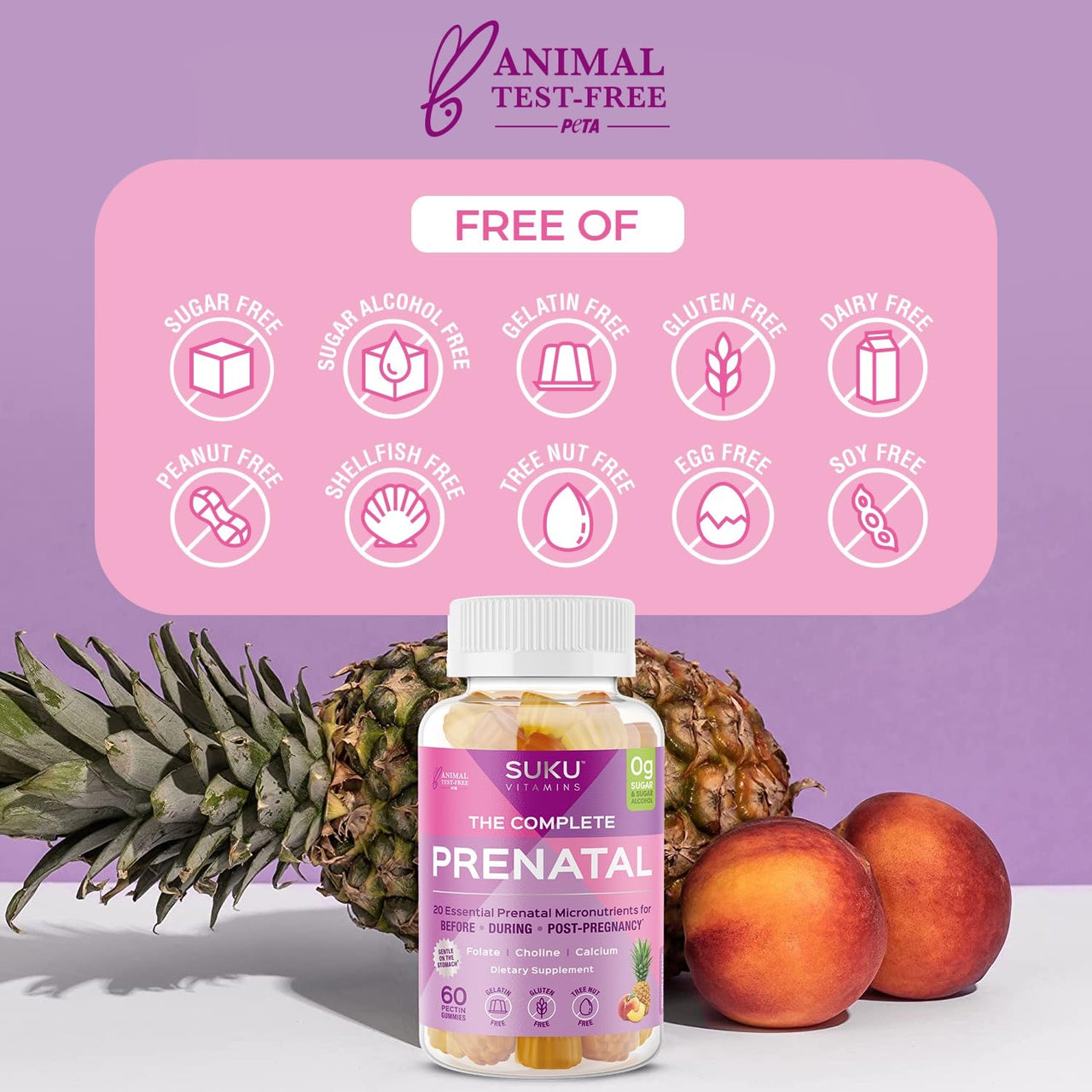 SUKU Prenatal Multivitamin Gummies – Folate, Calcium, Vitamin D3, B12, K2 – Sugar-Free, Vegetarian, Gluten-Free Pregnancy Support – Pineapple Peach Flavor – 60 Count