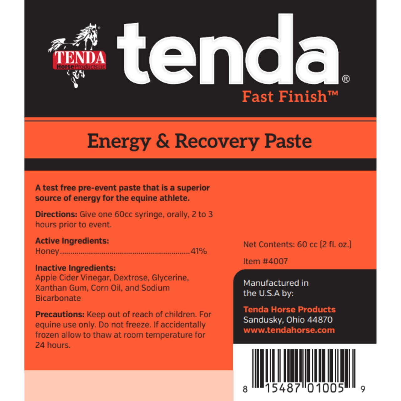 Tenda Energy & Recovery Paste - Fast Finish - A Test Free Pre-Race Paste That is A Superior Source of Energy for The Equine Athlete