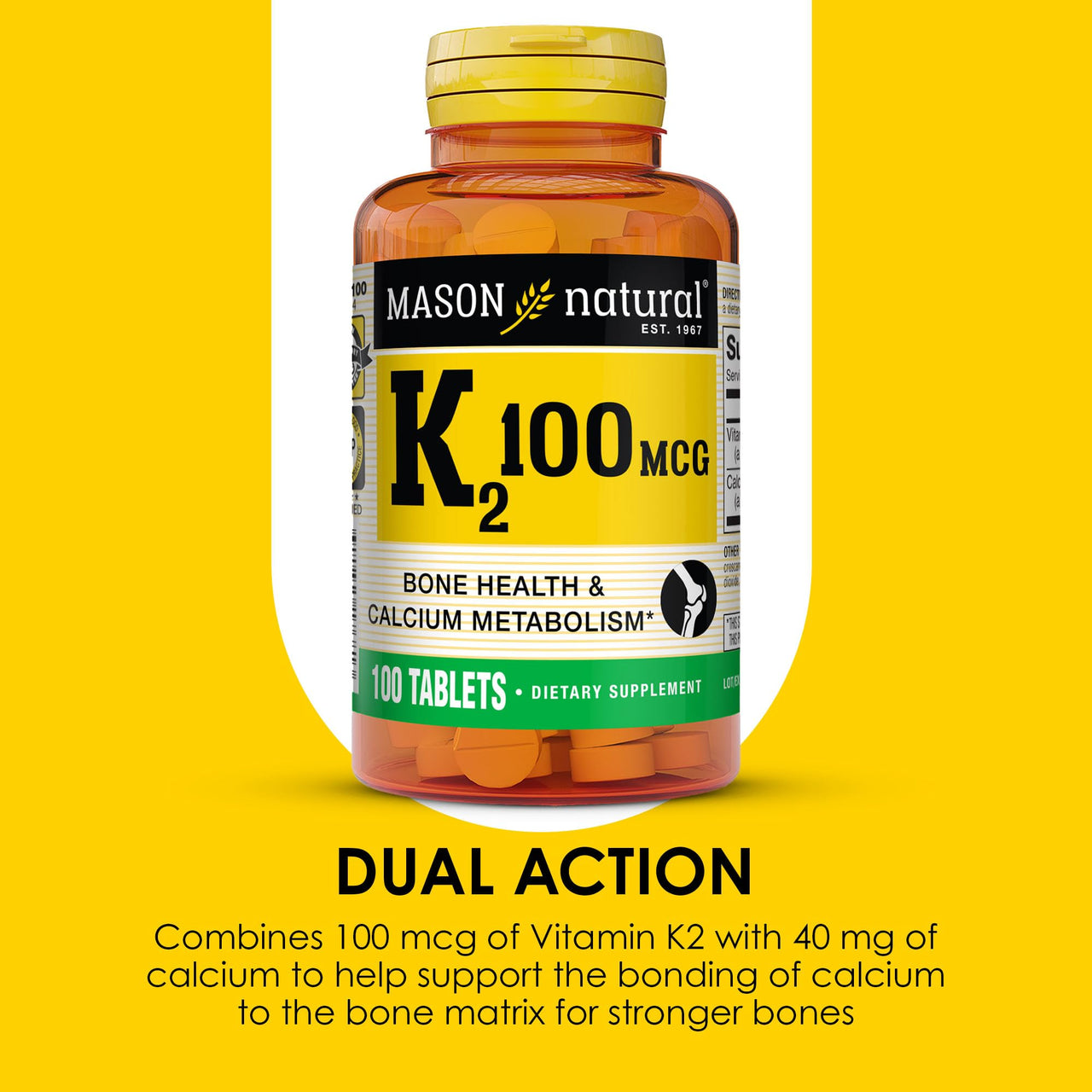 MASON NATURAL Vitamin K2 100 mcg with Calcium, Supports Bone, Heart & Muscle Health, 100 Tablets