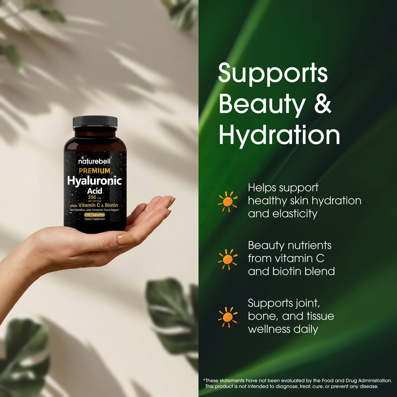 NatureBell Hyaluronic Acid 250mg - 240 Capsules - 250mg Hyaluronic Acid, 5000mcg Biotin & 25 mg Vitamin C - Supports Skin, Hair, Bone, Eye & Joint Health*