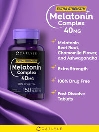 Thumbnail for Carlyle Melatonin 40mg Complex | 150 Fast Dissolve Tablets | Extra Strength Support | with Ashwagandha and Chamomile | Vegetarian, Non-GMO, Gluten Free Supplement