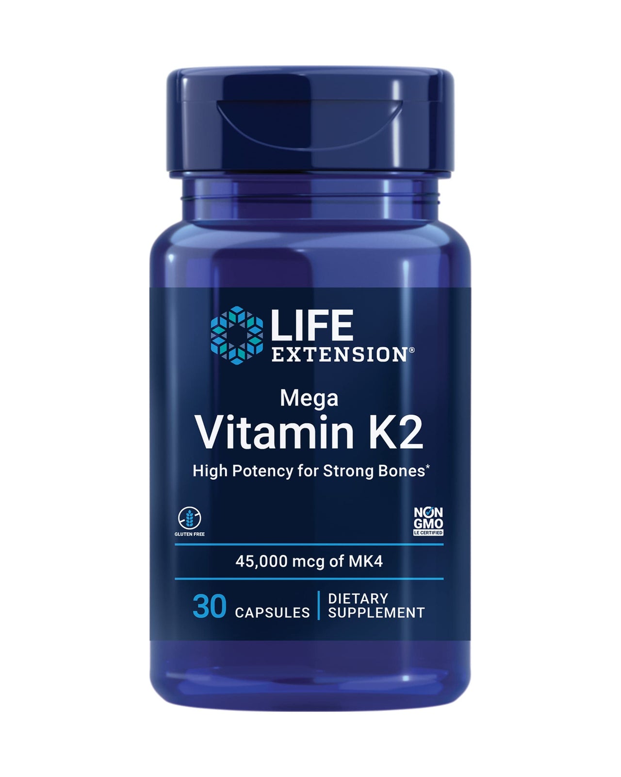 Life Extension Mega Vitamin K2 High Potency for Strong Bones, clinically Studied 45 mg K2 Dosage, Promotes Healthy Bone Density, Gluten-Free, Non-GMO, 30 Capsules