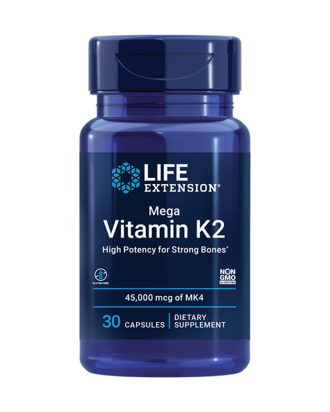 Life Extension Mega Vitamin K2 High Potency for Strong Bones, clinically Studied 45 mg K2 Dosage, Promotes Healthy Bone Density, Gluten-Free, Non-GMO, 30 Capsules