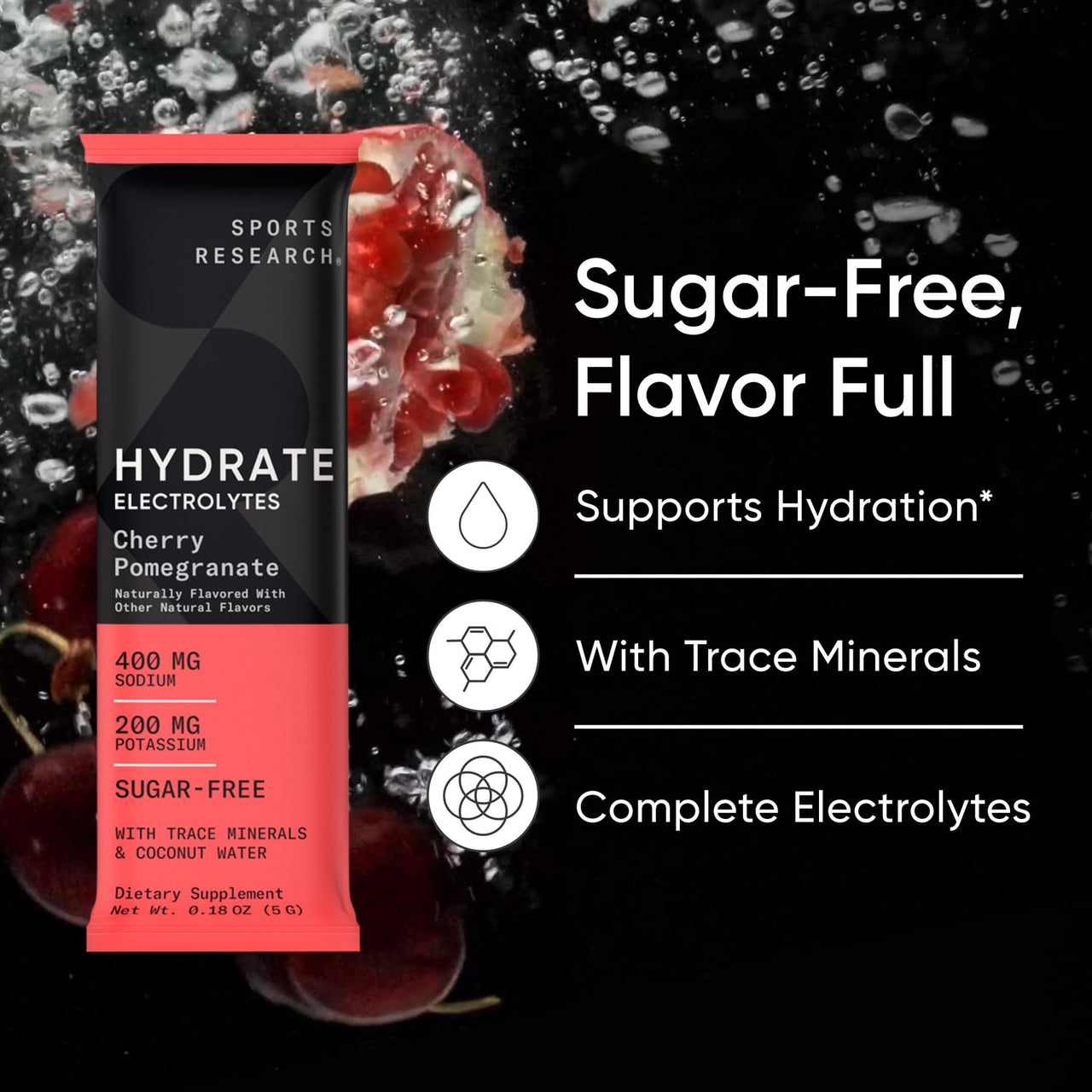 Sports Research Hydrate Electrolytes Dynamic Duo - Sugar-Free & Naturally Flavored with Vitamins, Minerals, and Coconut Water - 32 Hydration Packets of Cherry Pomegranate & Lemon Lime