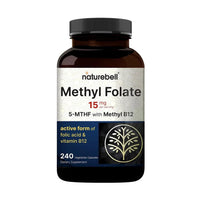 Thumbnail for NatureBell Methyl Folate 15mg - 240 Capsules - 5-MTHF with Methyl B12-15mg L-Methylfolate & 1,000mcg Vitamin B12 - Energy & Cognitive Support Supplement* - Gluten-Free & Non-GMO