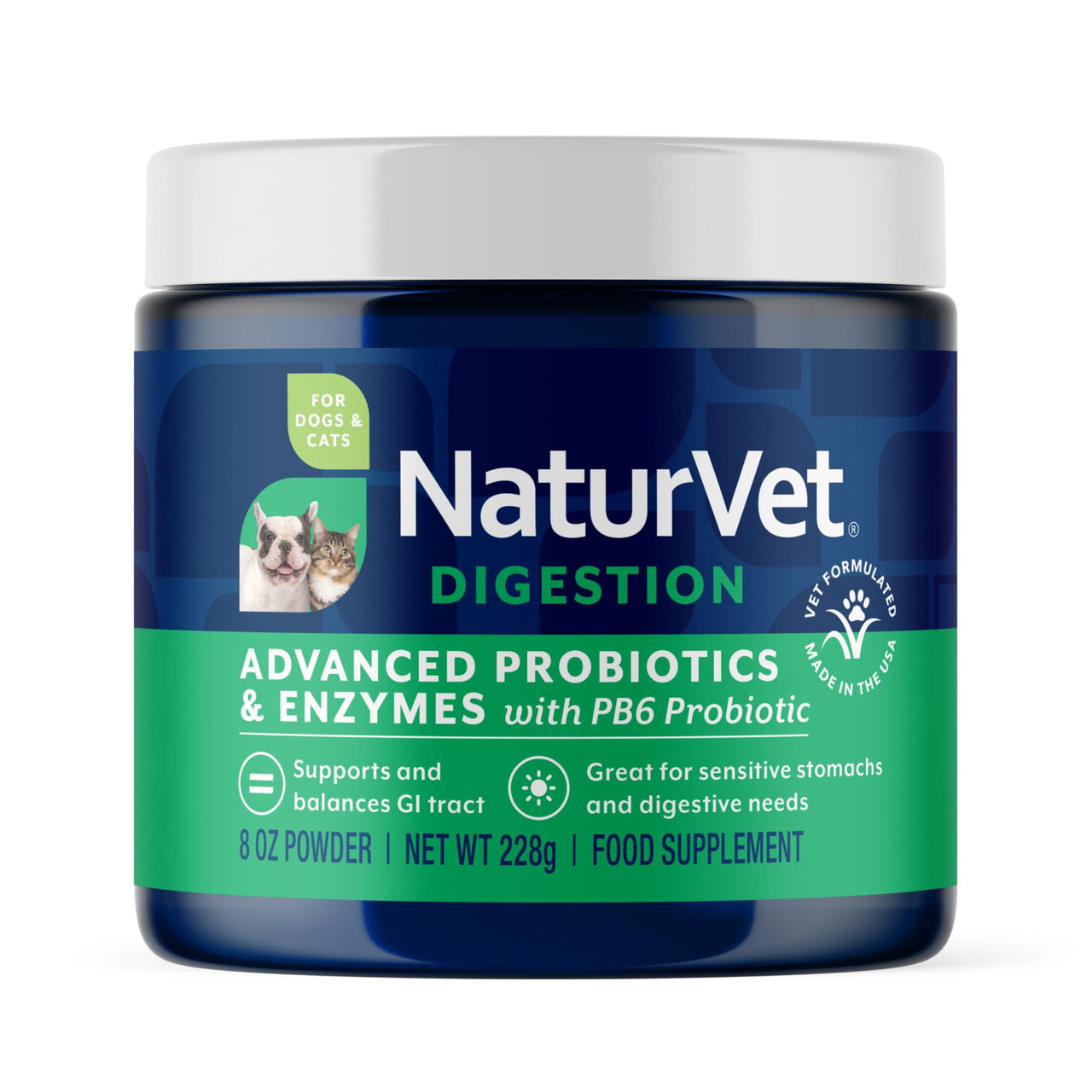 NaturVet – Advanced Probiotics & Enzymes - Plus Vet Strength PB6 Probiotic | Supports and Balances Pets with Sensitive Stomachs & Digestive Issues | for Dogs & Cats (8 oz)