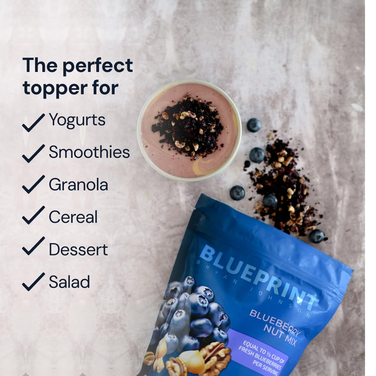 Blueprint Bryan Johnson Blueberry Nut Mix - Real Blueberries, Roasted Macadamia Nuts and Walnuts - No Additives or Added Sugars - Keto and Paleo Friendly - 170mg Polyphenols (30 Servings)