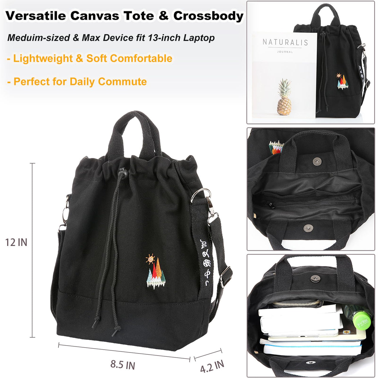 Women Canvas Tote Handbags Casual Shoulder Work Bag Crossbody Bag with Sunshine Embroidery (Black)