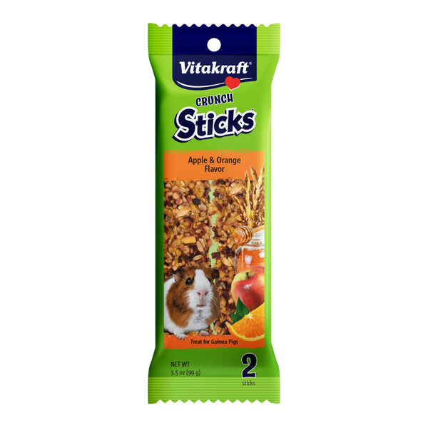 Vitakraft Crunch Sticks Guinea Pig Treat - Apple and Orange Flavor – Triple Baked for Extra Crunch – Natural Wood Chew Center with Cage Clip Holder – Added Vitamins and Minerals – 2 Sticks - 3.5 Oz