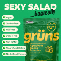 Thumbnail for Gruns Adult Sugar-Free Super Greens Multivitamin Gummies, Superfood Gummy Vitamins for Women and Men with Spirulina, Chlorella, Adaptogens & Prebiotic Fiber for Digestive Health (28 Count)