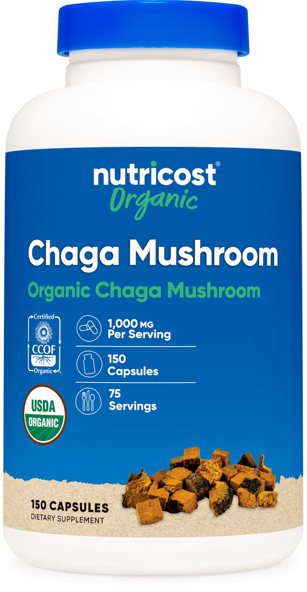 Nutricost Organic Chaga Mushroom Capsules 1000mg, 75 Servings - CCOF Certified Made with Organic Chaga Mushroom, Vegetarian, Gluten Free, 500mg Per Capsule, 150 Capsules