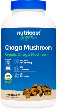 Thumbnail for Nutricost Organic Chaga Mushroom Capsules 1000mg, 75 Servings - CCOF Certified Made with Organic Chaga Mushroom, Vegetarian, Gluten Free, 500mg Per Capsule, 150 Capsules