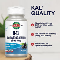 Thumbnail for KAL Vitamin B-12 Methylcobalamin Lozenges 5000mcg, Healthy Energy, Metabolism, Nerve & Red Blood Cell Support,* Optimal Absorption, Natural Acai Flavor, Vegan, Sugar Free, 60 Servings, 60 Lozenges