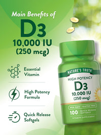 Thumbnail for Nature's Truth D3 Vitamin 10,000 IU Softgels Supplement | 100 Count | High Potency Formula | Non-GMO and Gluten Free